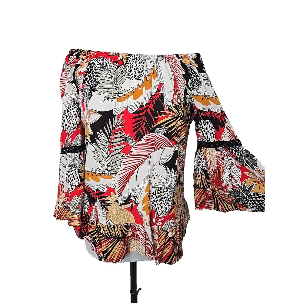 Olive Hill‎ Tropical Pineapple Print Rayon Off Shoulder Top Size Medium